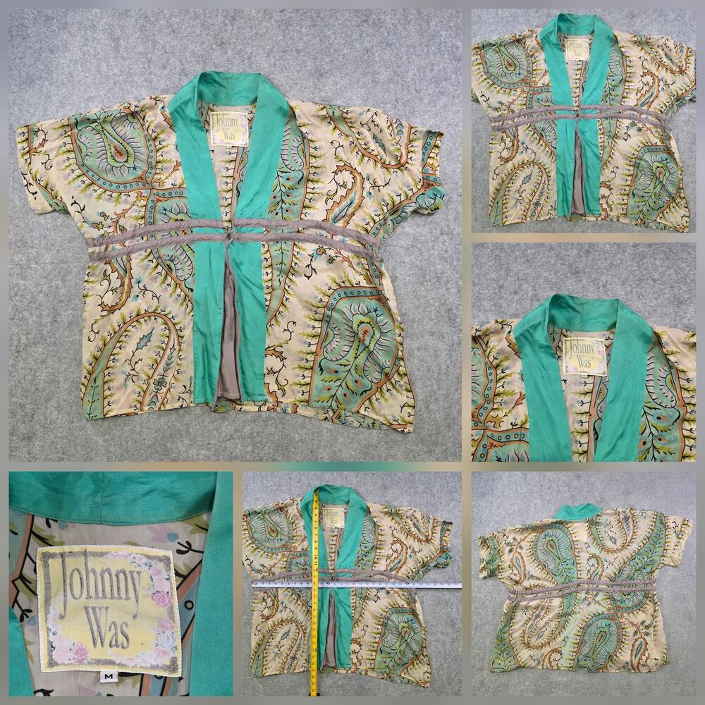Johnny Was Kimono Jacket Womens Medium Green Paisley‎ Open Front Boho Cardigan